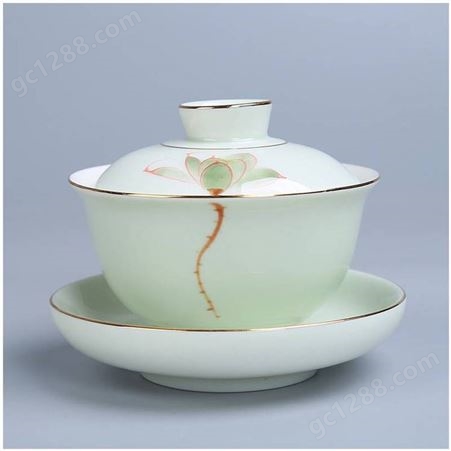 手绘青釉三才杯 创意泡茶盖碗 3.8寸描金八宝碗