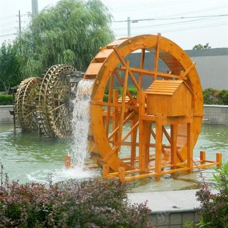 鱼池造景室外风水轮摆件流水鱼池假山水车大中小型木制防腐木友和